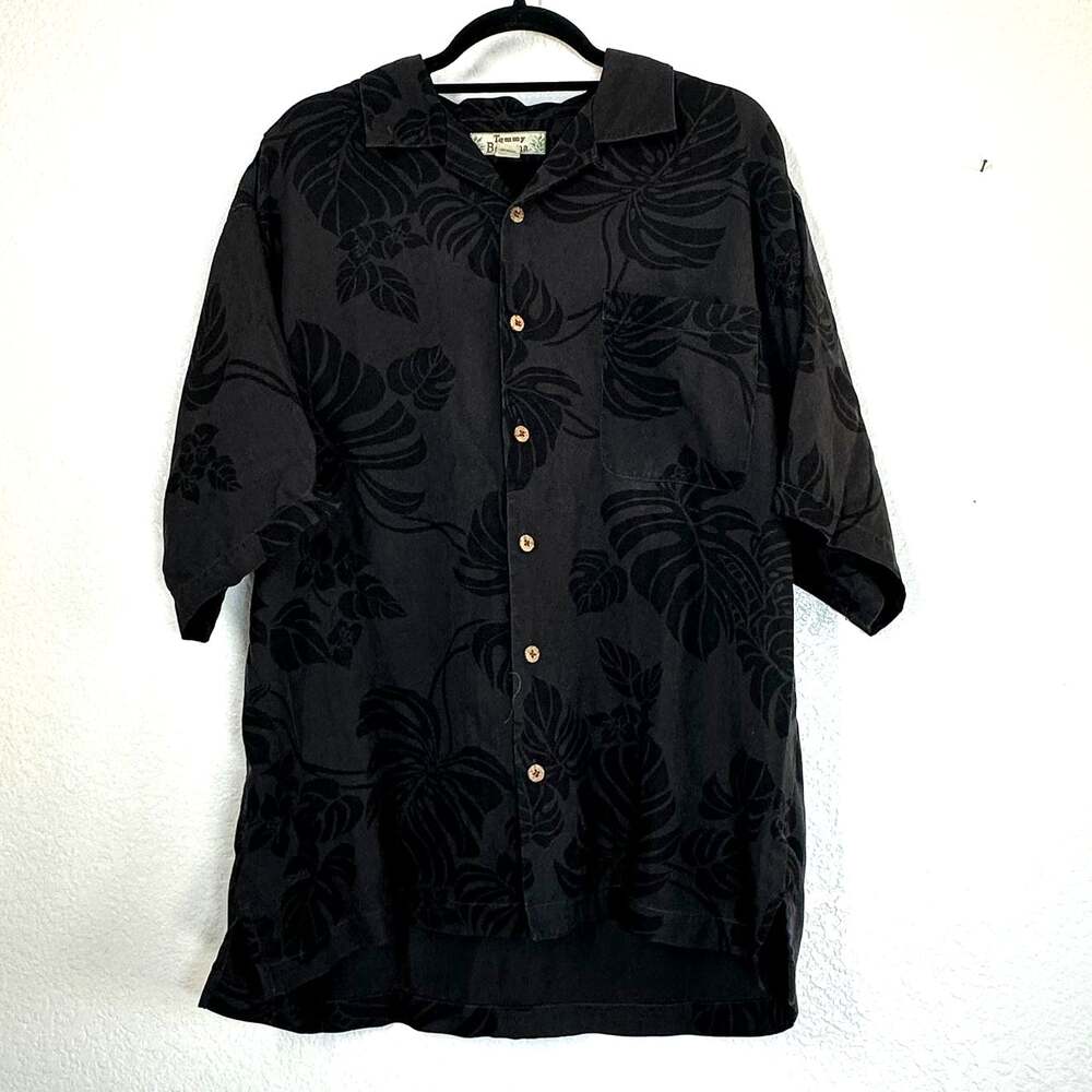 Tommy Bahama L black short sleeve camp button down shirt tropical Hawaiian